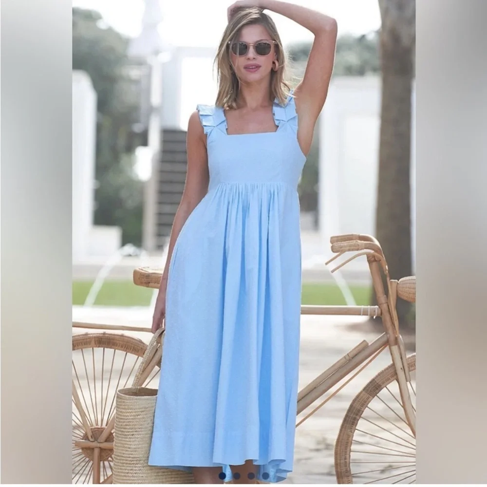Lake Pajamas Lolly Dress in Morning Blue Swiss Dot Midi Pockets Sz S NEW - Picture 2 of 15